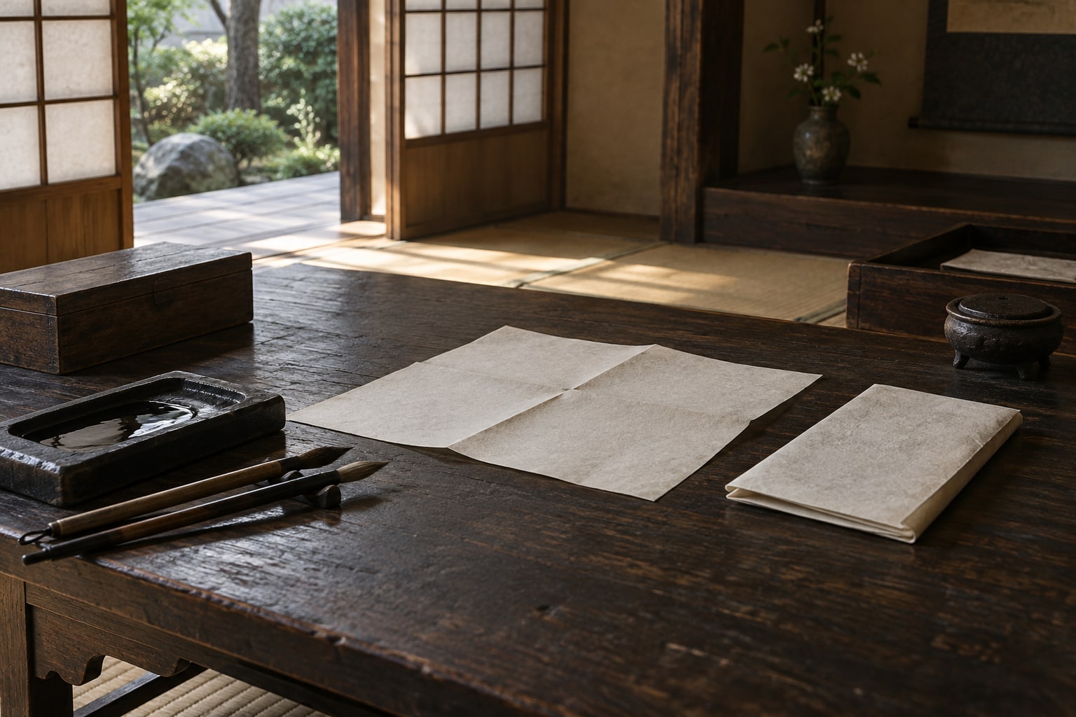 仕官をめぐる書状にちなむ静かな書斎。史料そのものの再現ではない（AI生成イメージ）