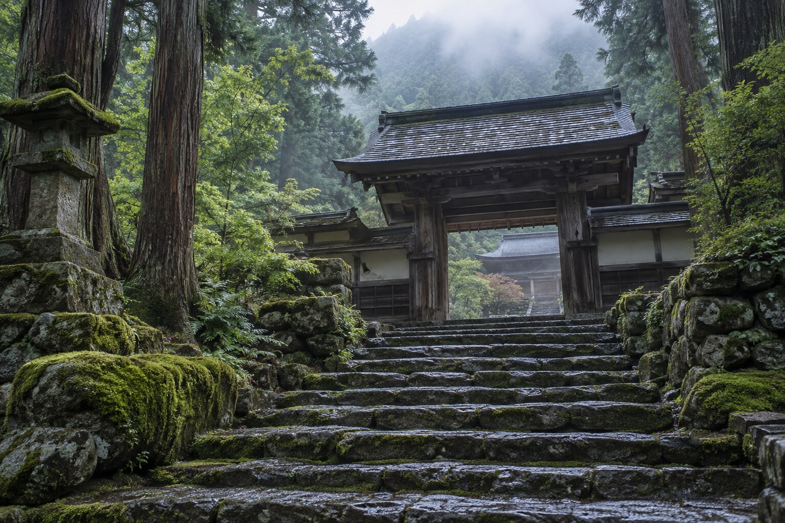 信康を偲ぶ山寺の参道を描くイメージ。清瀧寺の実景ではない(AI生成)(AI生成イメージ)