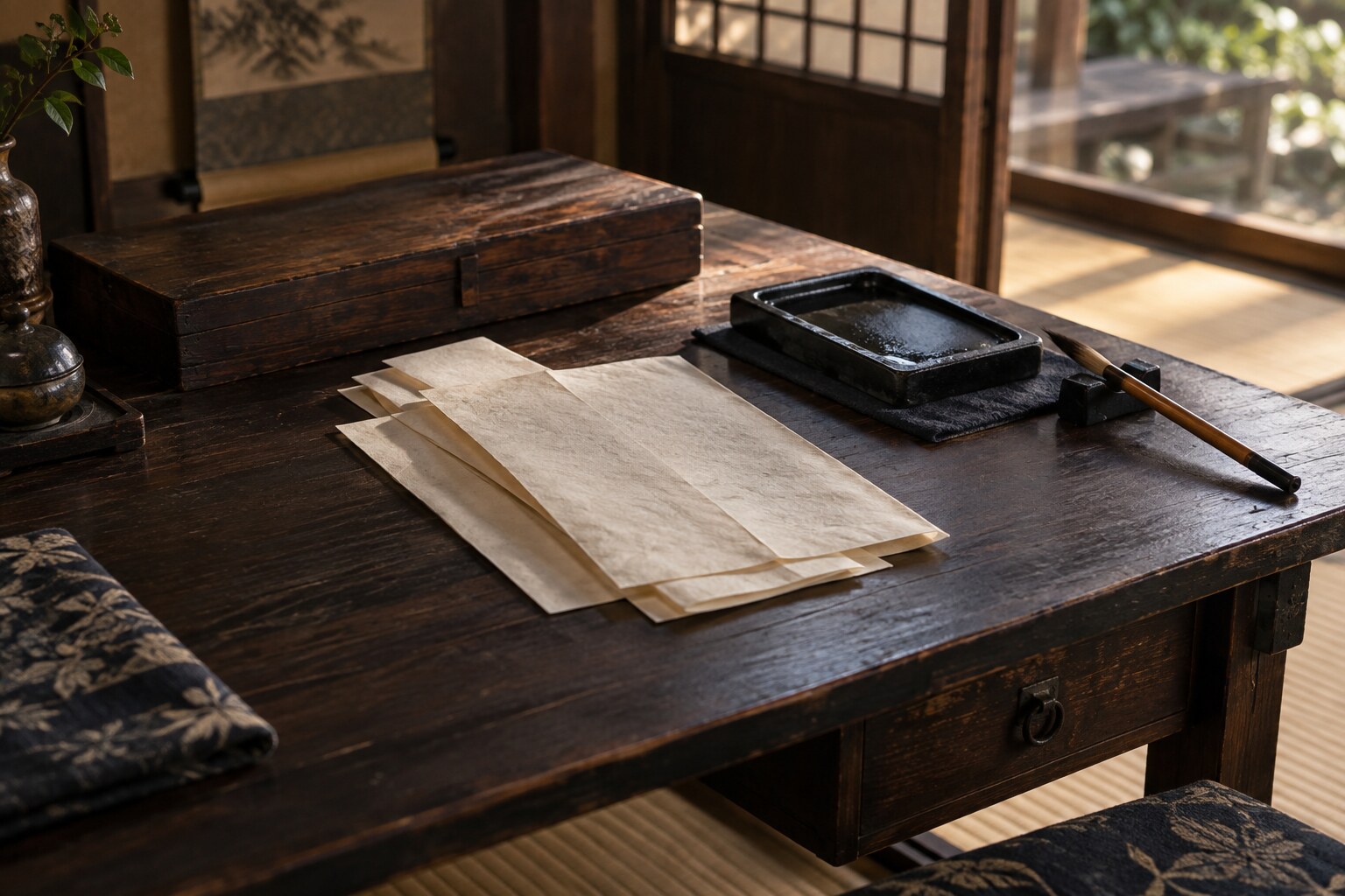 書状と使者による交渉を象徴する机上のイメージ。実在書状の複製ではない(AI生成)(AI生成イメージ)