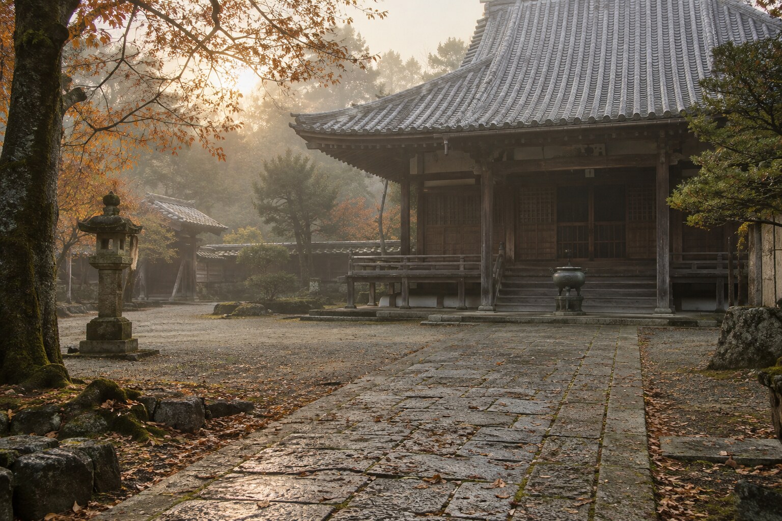 忠吉の早世と菩提寺を思わせる静かな寺院の情景（AI生成）（AI生成イメージ）