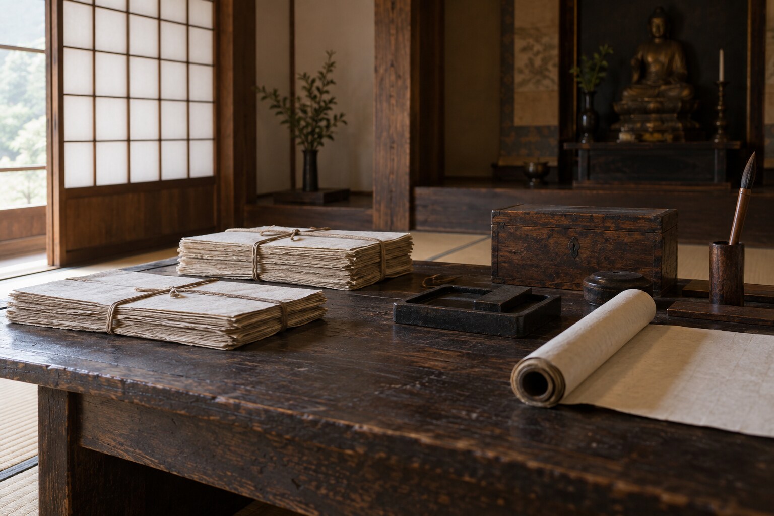 寺に伝わる文書と記憶を表した想像情景（AI生成）（AI生成イメージ）