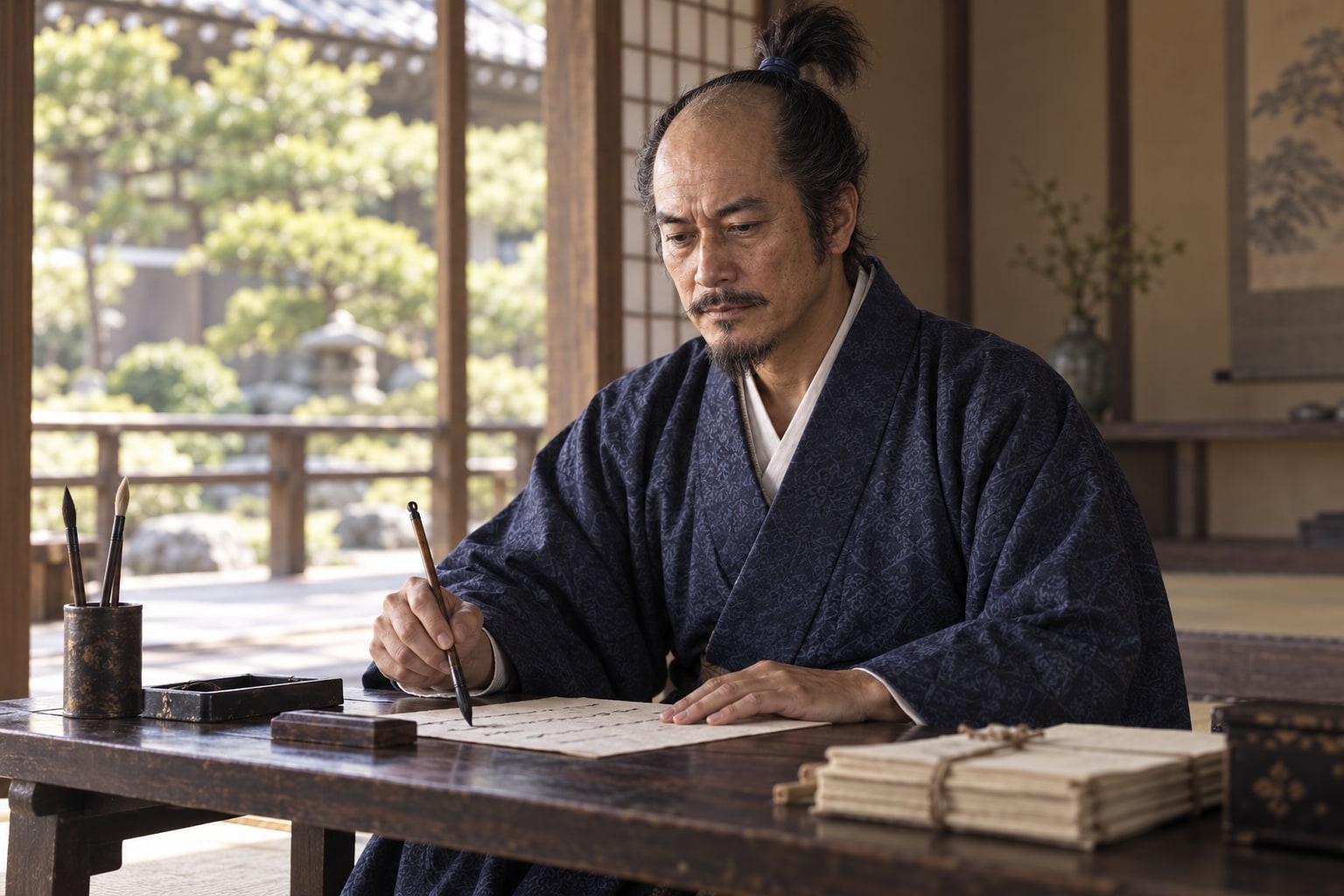 文書を扱う若いころの松永久秀を描いた想像図(AI生成イメージ)