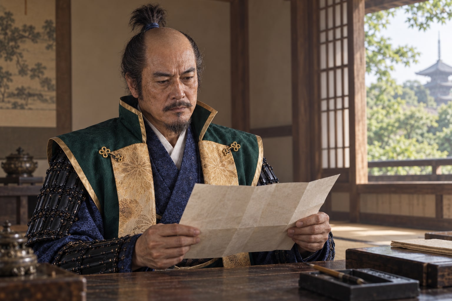 奈良で書状を読む松永久秀の想像図。将軍襲撃への直接参加を描いたものではない(AI生成イメージ)