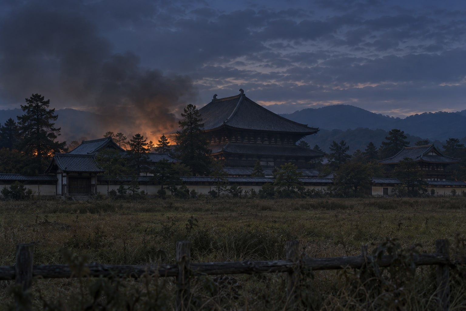 1567年の奈良の戦災を表す想像図。放火した人物や建築の細部を再現したものではない(AI生成イメージ)