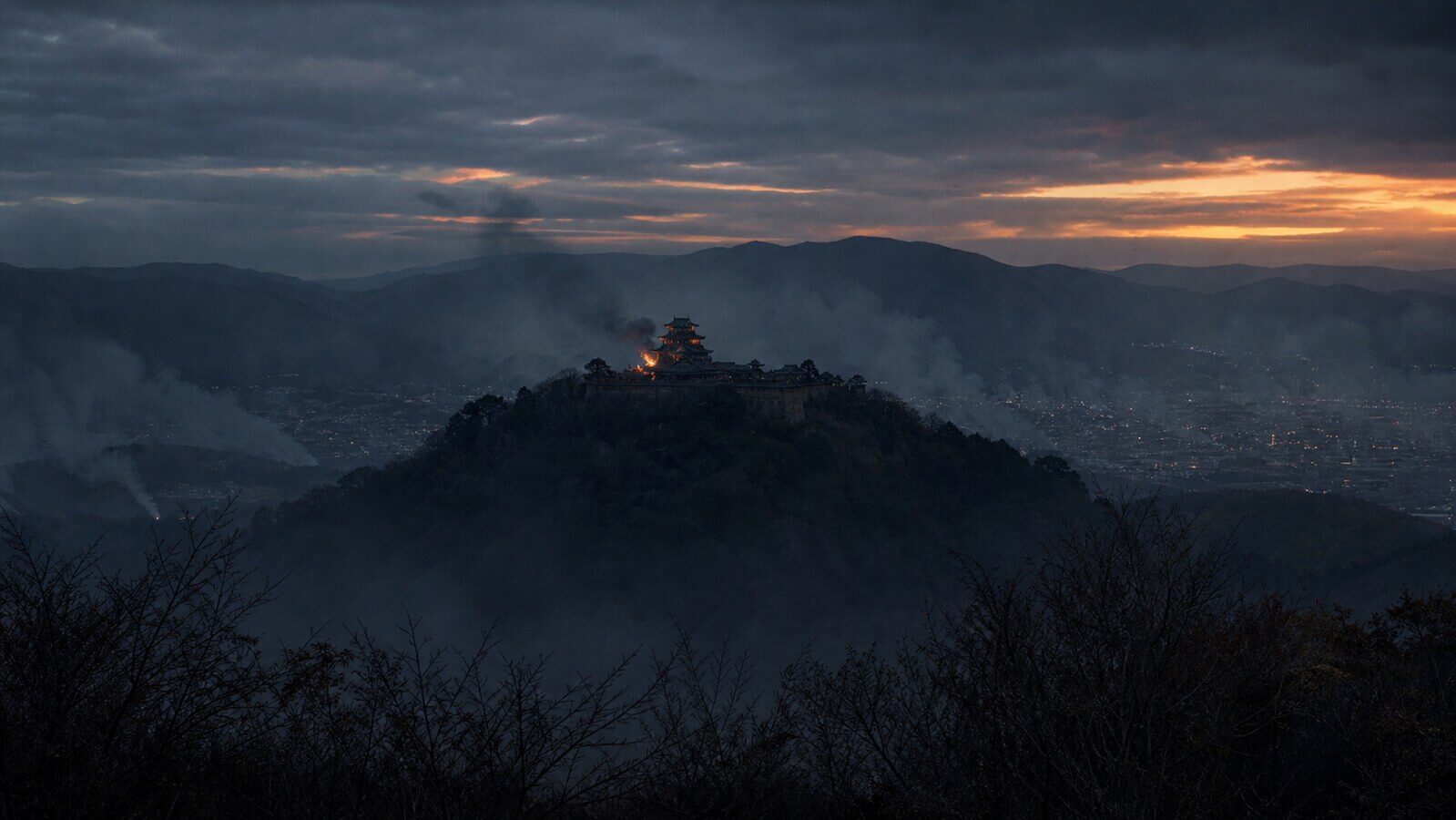 信貴山城落城・久秀の最期（AI生成イメージ）