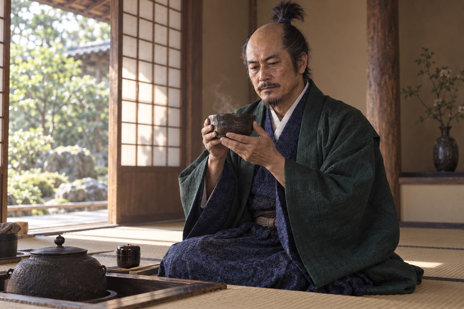 茶の湯に親しむ松永久秀の想像図。茶会記に残る活動をもとに構成(AI生成イメージ)