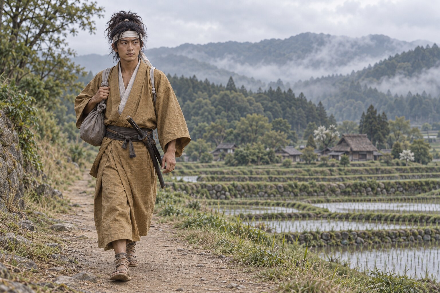 田畑の道を歩く少年期の武蔵の想像図。出生地の復元ではない（AI生成イメージ）