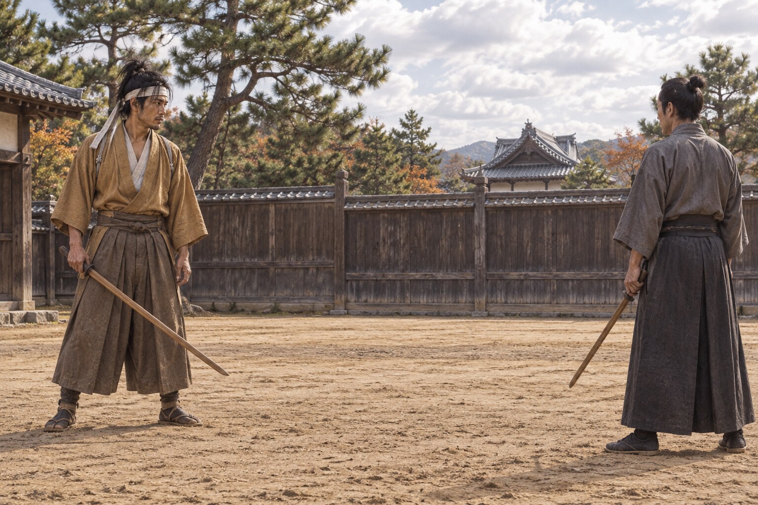 京都の庭で兵法者と間合いを取る若い武蔵の想像図。吉岡との特定の一戦の復元ではない（AI生成イメージ）