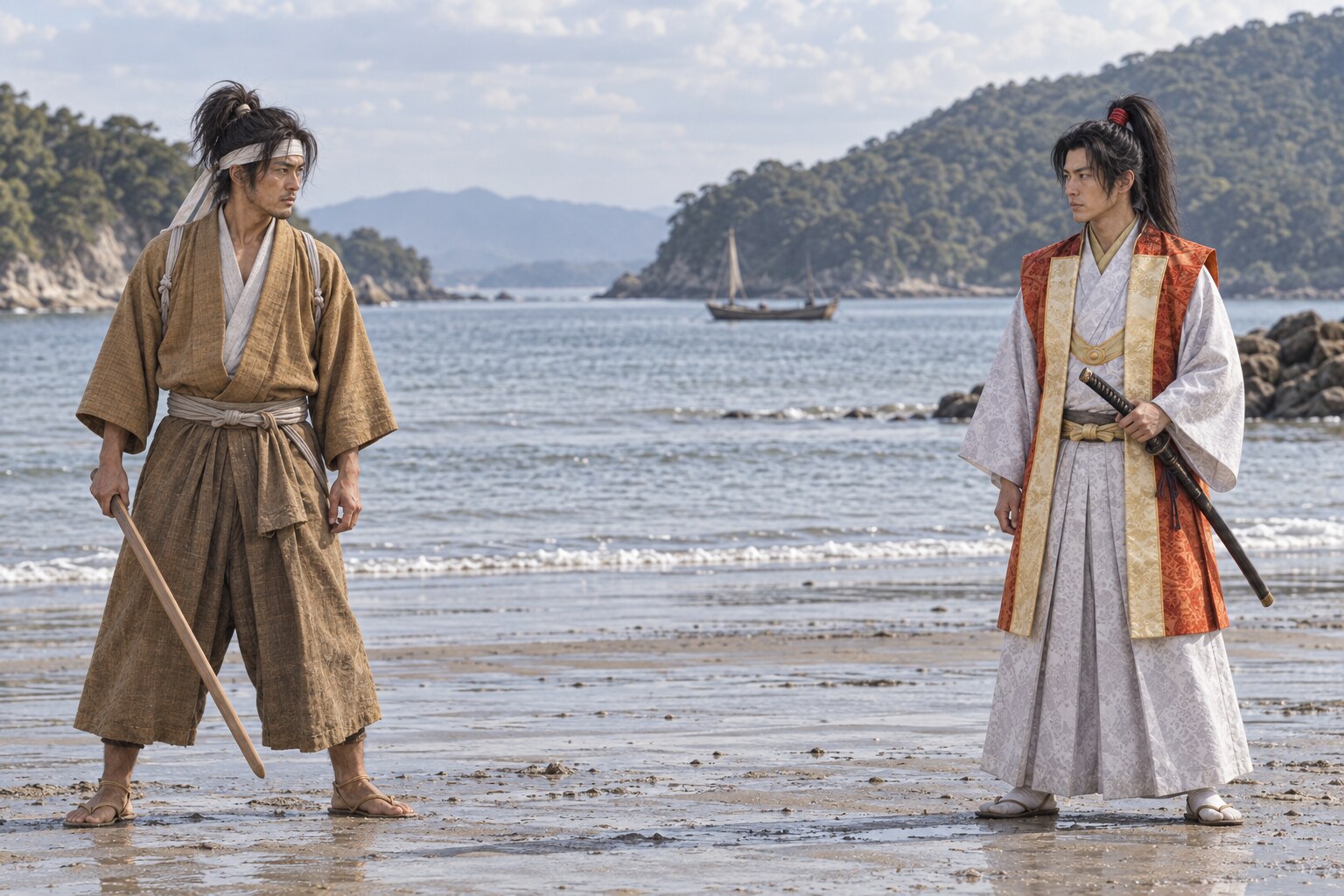 舟島を思わせる海岸で向き合う武蔵と佐々木小次郎の想像図。年齢や装束は考証復元ではない（AI生成イメージ）