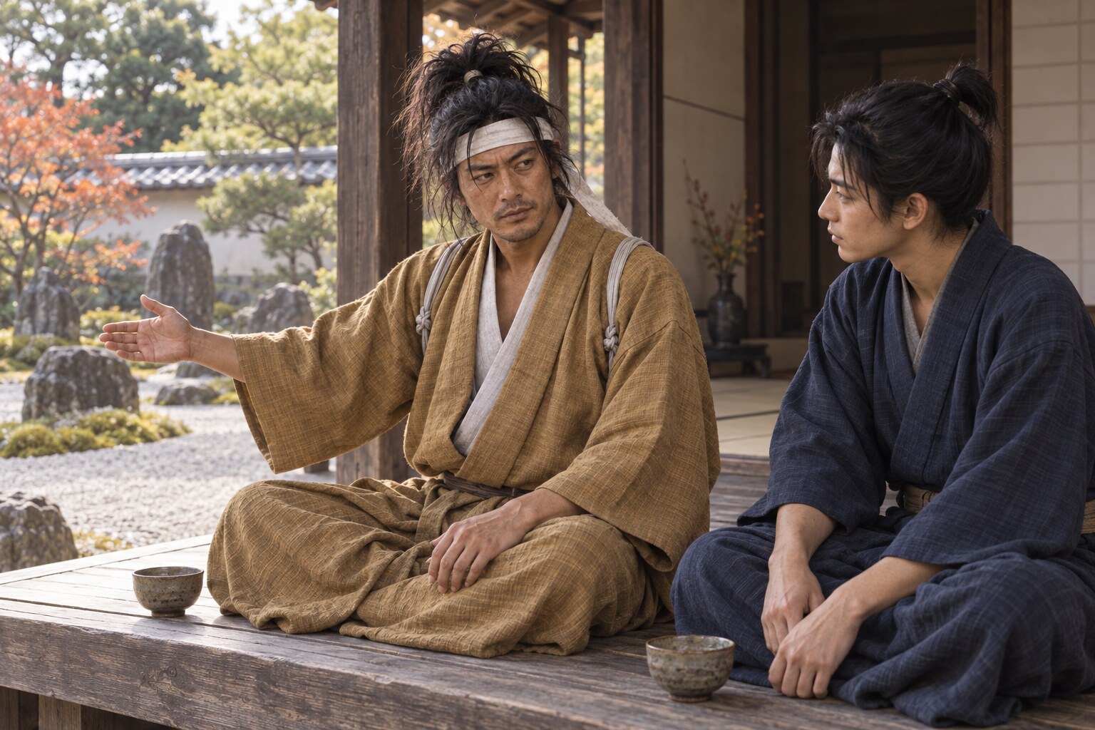 庭に面した縁側で若者と語らう壮年の武蔵の想像図。養子との交流を表し、特定の会見を再現したものではない（AI生成イメージ）