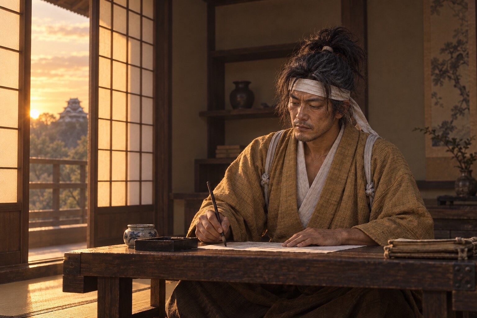 夕暮れの書斎で筆を執る晩年の武蔵の想像図。五輪書の原本を再現したものではない（AI生成イメージ）