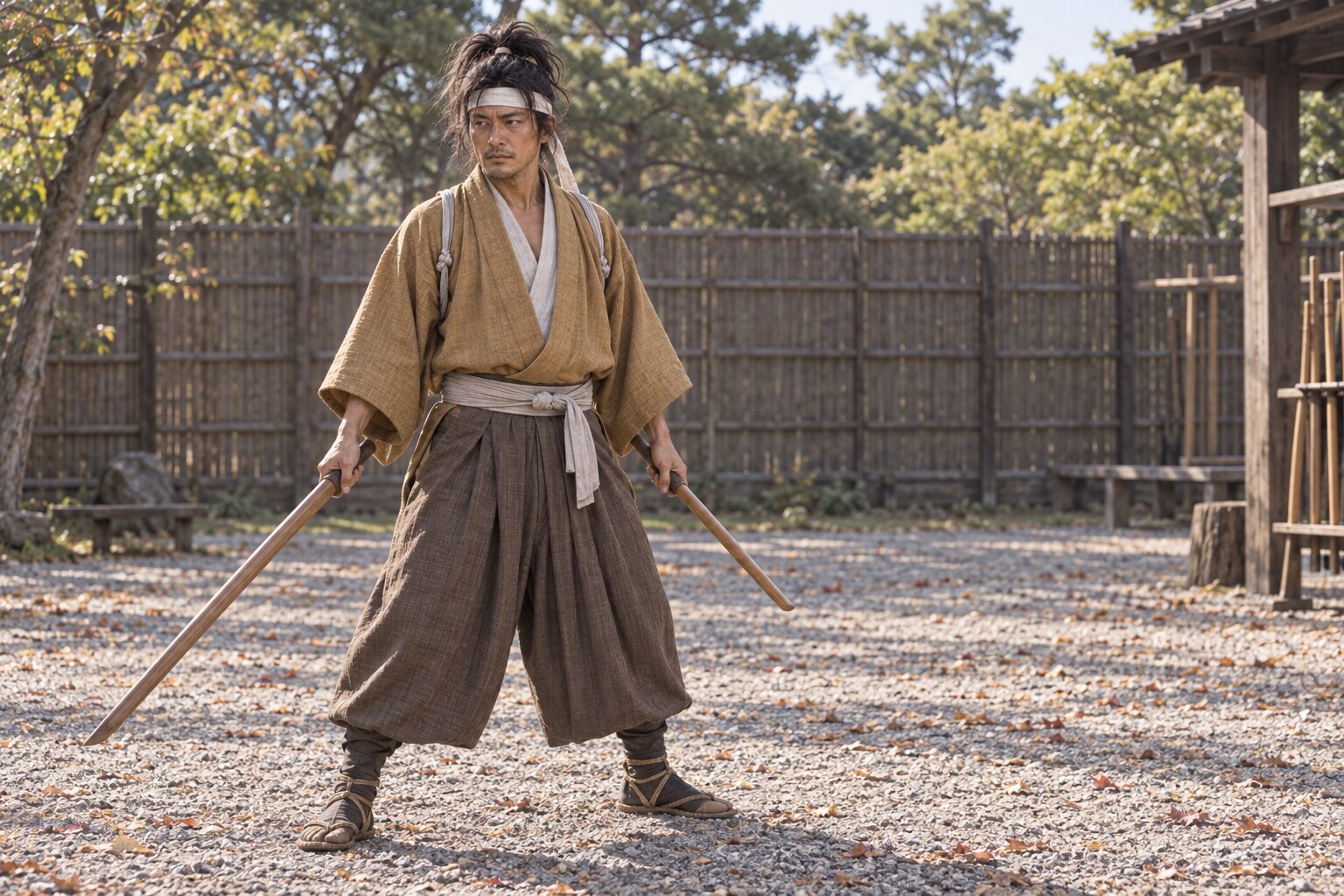 長短二本の木刀を手に稽古する武蔵の想像図。特定の型の再現ではない（AI生成イメージ）