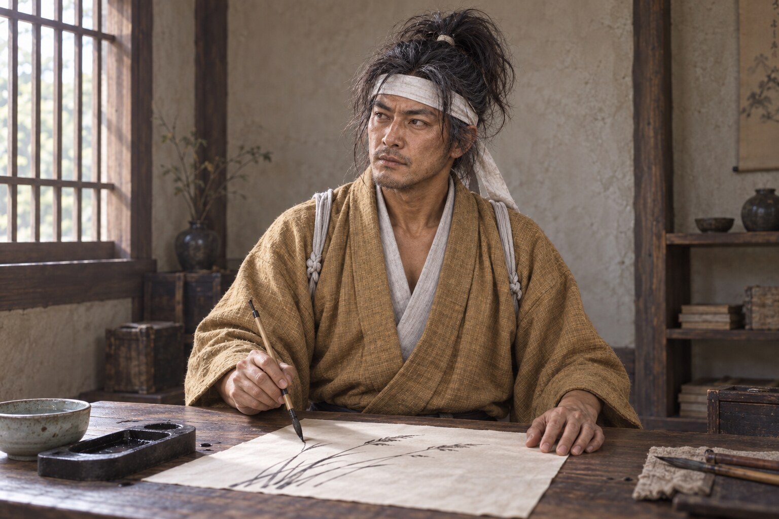 墨で草を描く武蔵の想像図。現存する武蔵筆の作品を複製したものではない（AI生成イメージ）