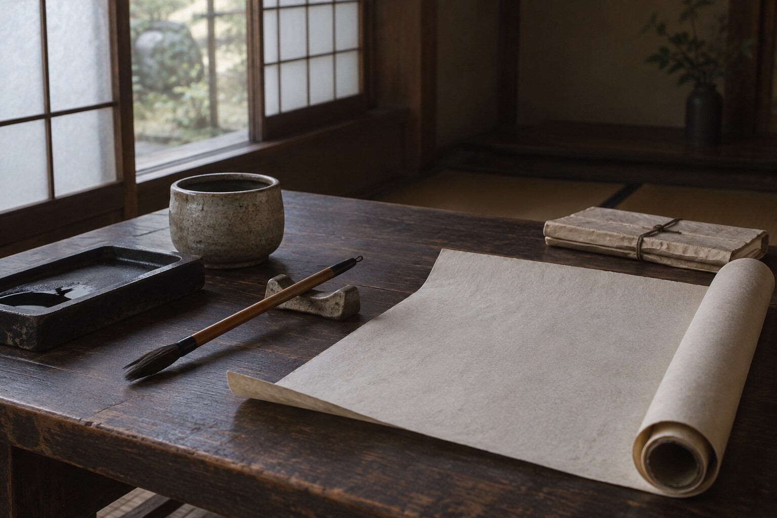 硯、筆、巻紙を置いた静かな机の想像図。独行道の原本の再現ではない（AI生成イメージ）