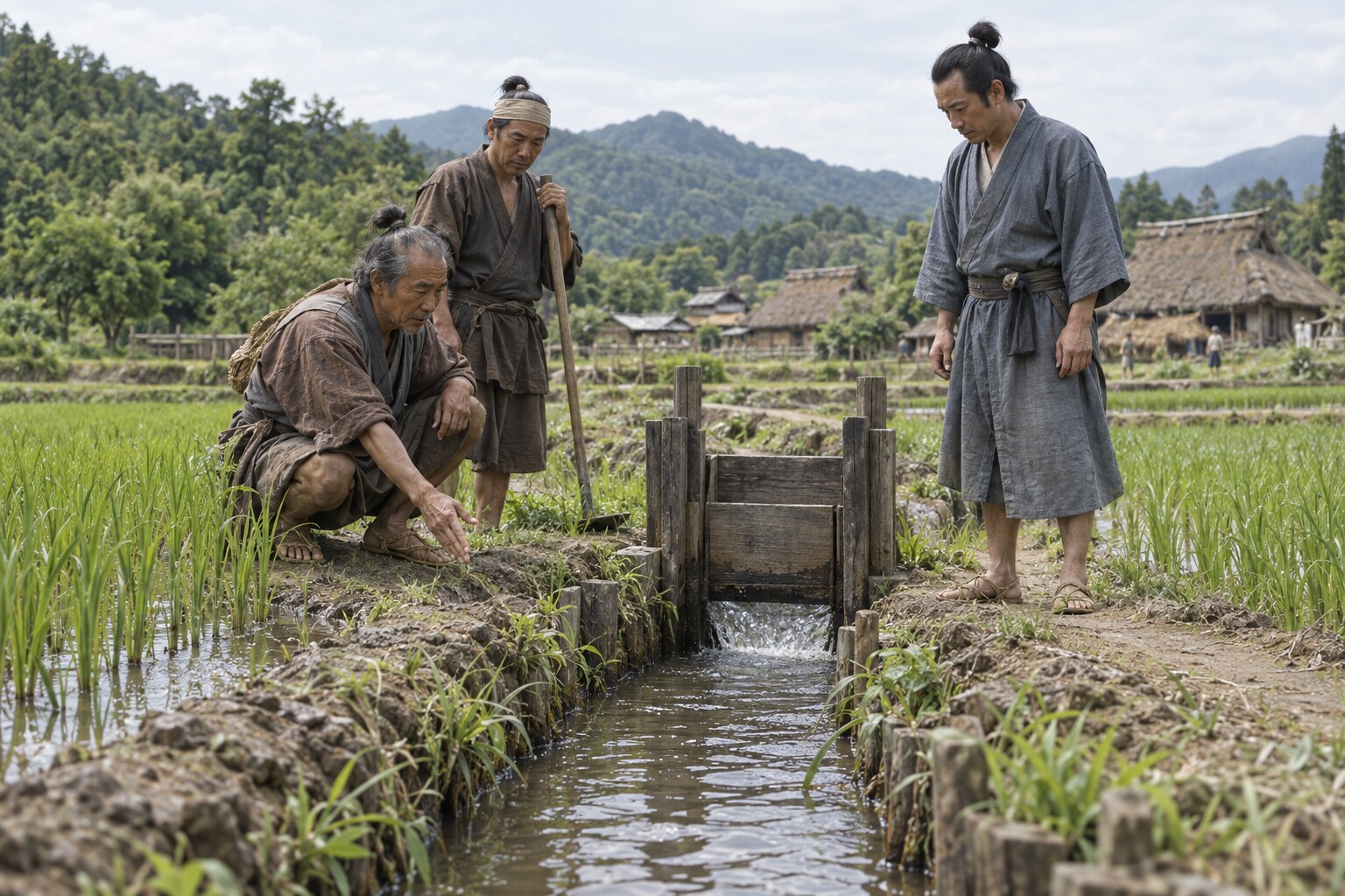 用水路を確かめる村人と役人のイメージ(AI生成イメージ)