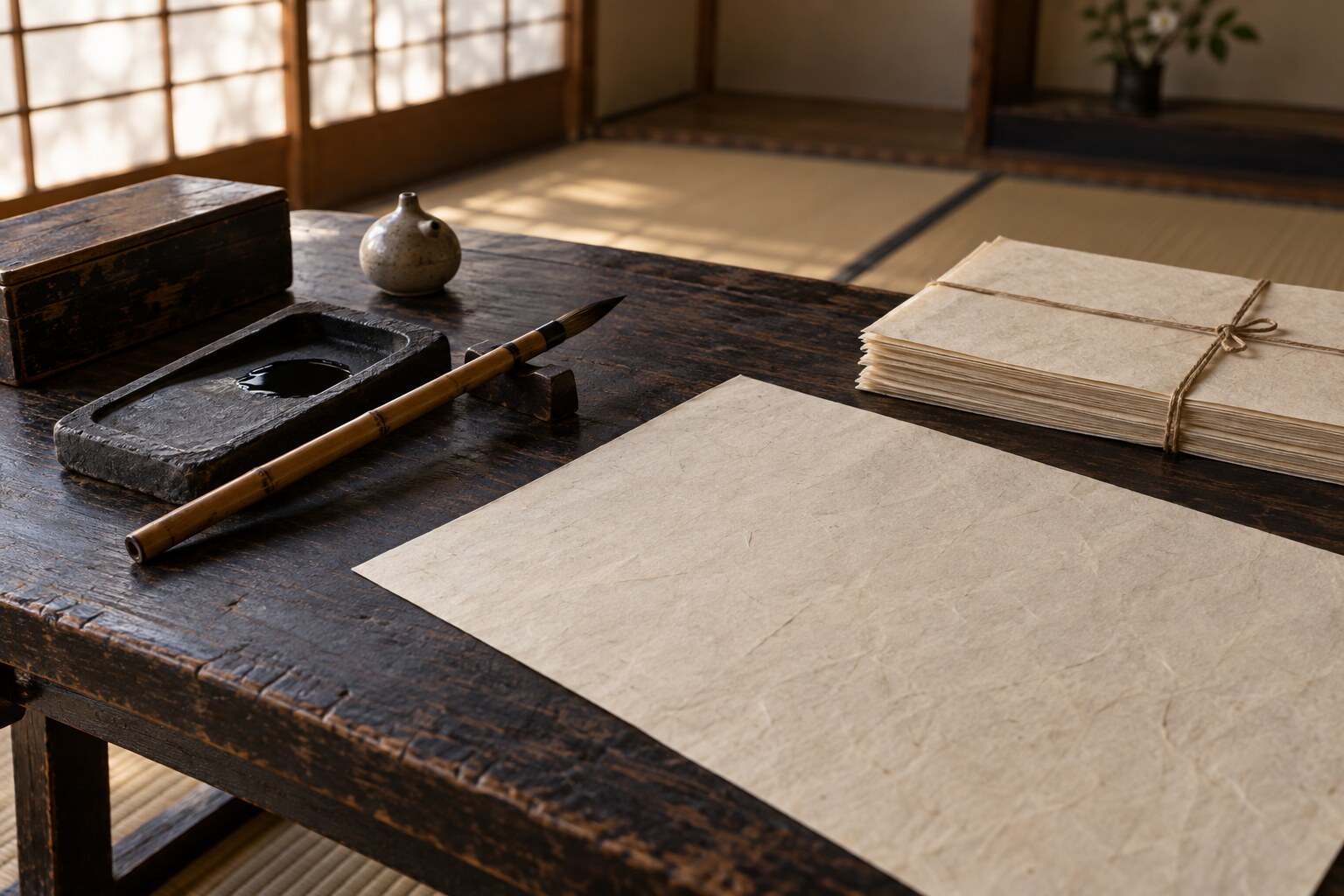 飯盛千句にちなむ料紙と筆のイメージ(実物の複製ではない)(AI生成イメージ)