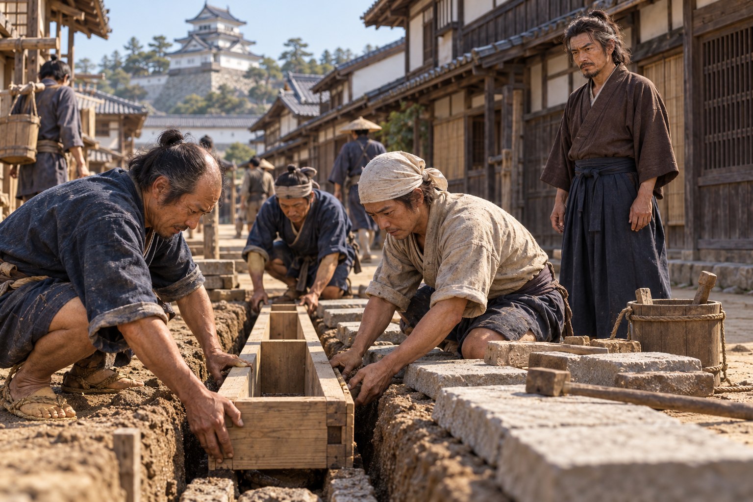 福山城下で進む水路工事を描いた想像図（AI生成イメージ）