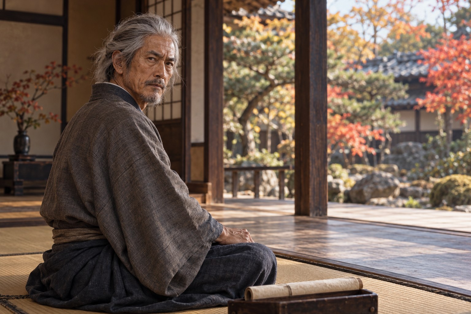 福山の屋敷の縁側で過ごす晩年の勝成の想像図（AI生成イメージ）