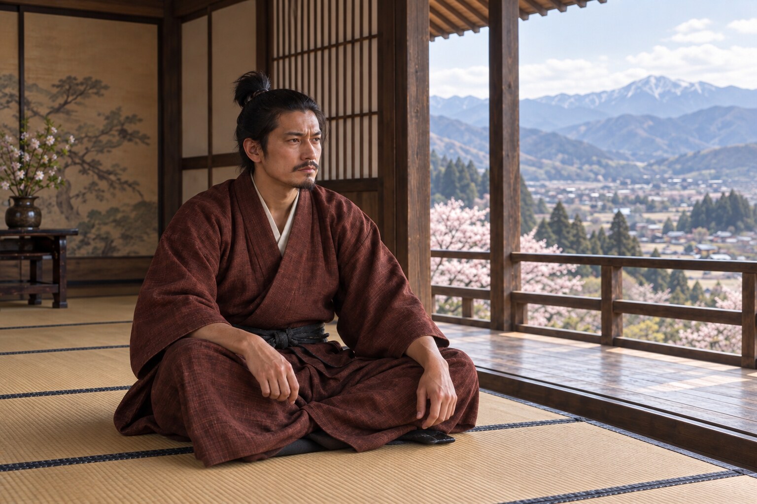 山形の館で領国を見渡す若き義光の想像場面(AI生成イメージ)