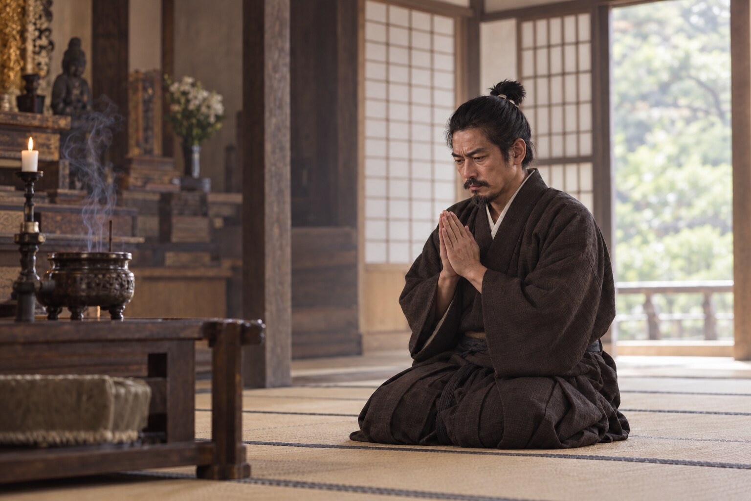 寺院で静かに手を合わせる義光の想像場面(AI生成イメージ)