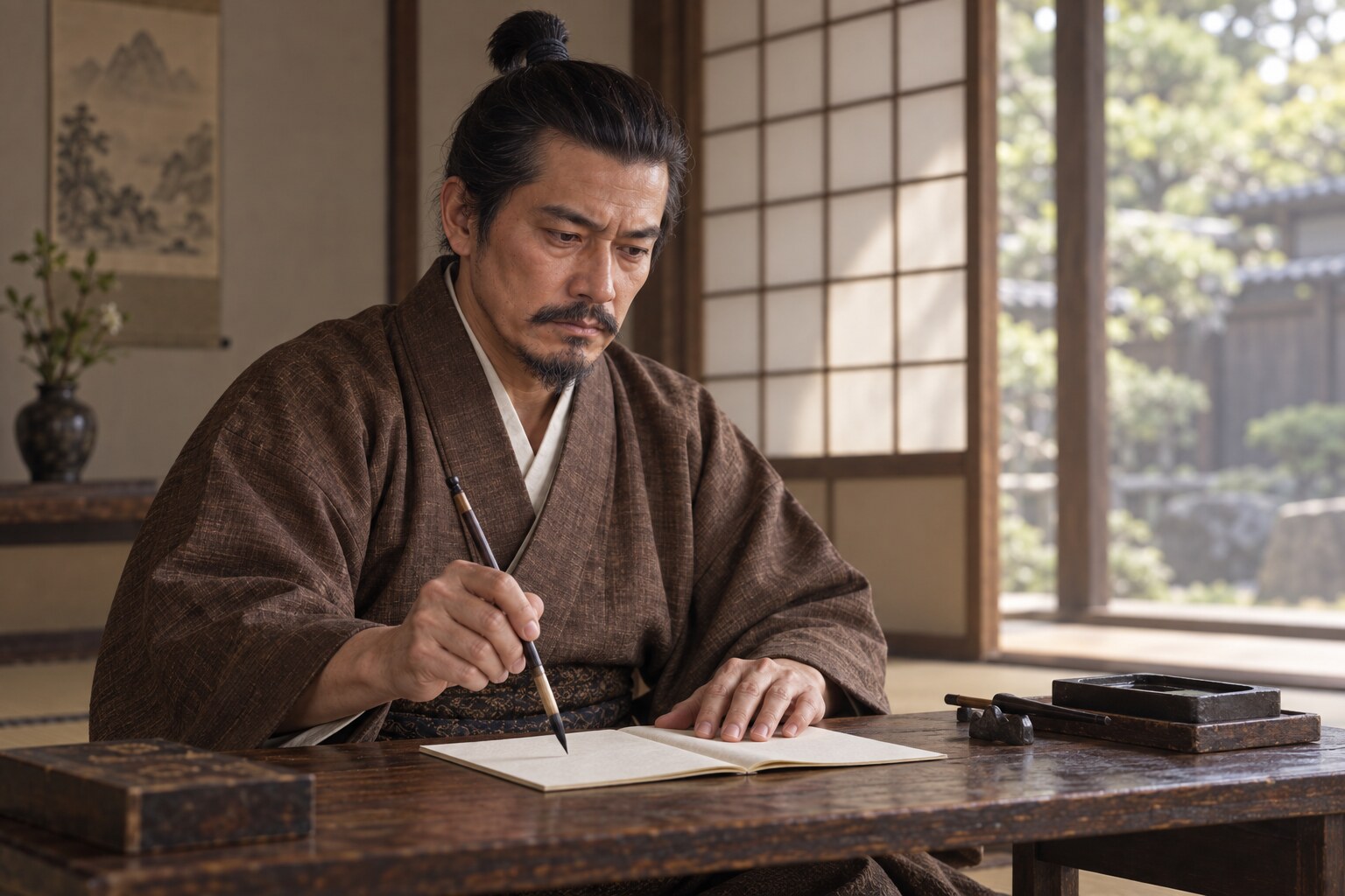 連歌の学習に向かう義光の想像場面。現存写本の複製ではない(AI生成イメージ)