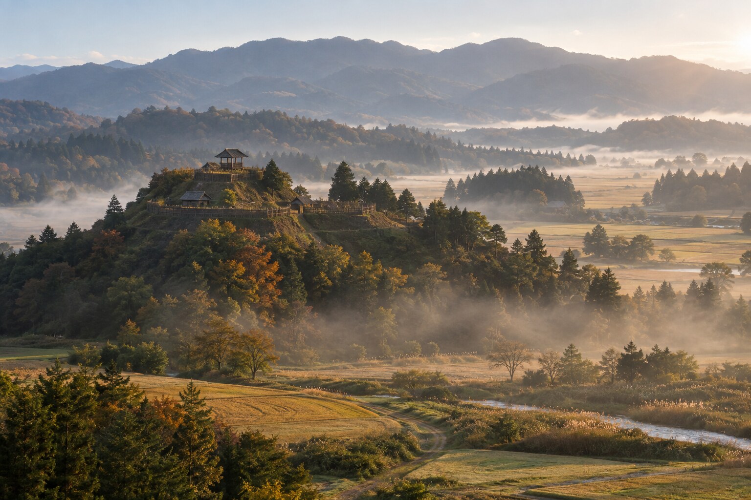 長谷堂を思わせる山城と周囲の地形の想像風景。屏風や布陣の復元ではない(AI生成イメージ)