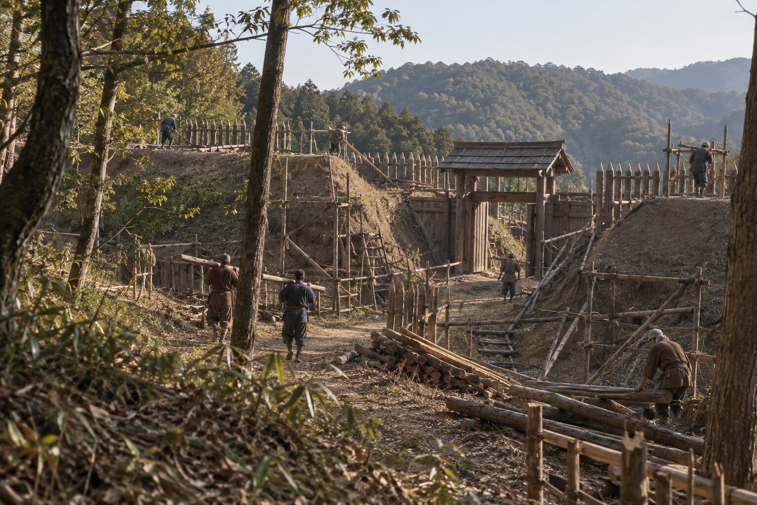 1578年の丸山城修築を題材にした想像図。城の構造は推定（AI生成イメージ）（AI生成イメージ）
