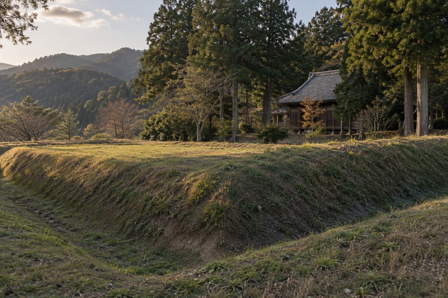百地氏の城館跡と菩提寺を題材にした想像風景。現地写真ではない（AI生成イメージ）（AI生成イメージ）
