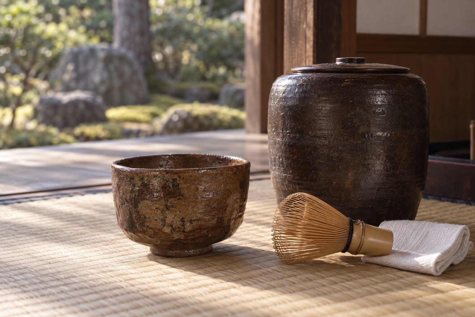 茶壺と茶道具の想像図。「玉蟲」の実物再現ではない（AI生成イメージ）