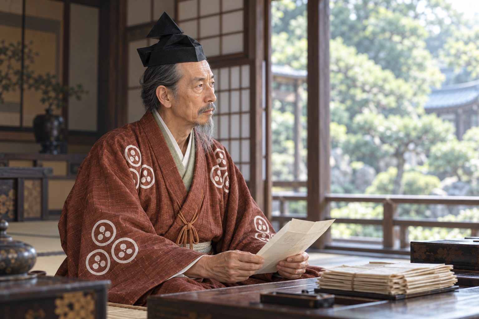 吉田郡山城で政務を続ける晩年の元就を描いた創作場面（AI生成イメージ）