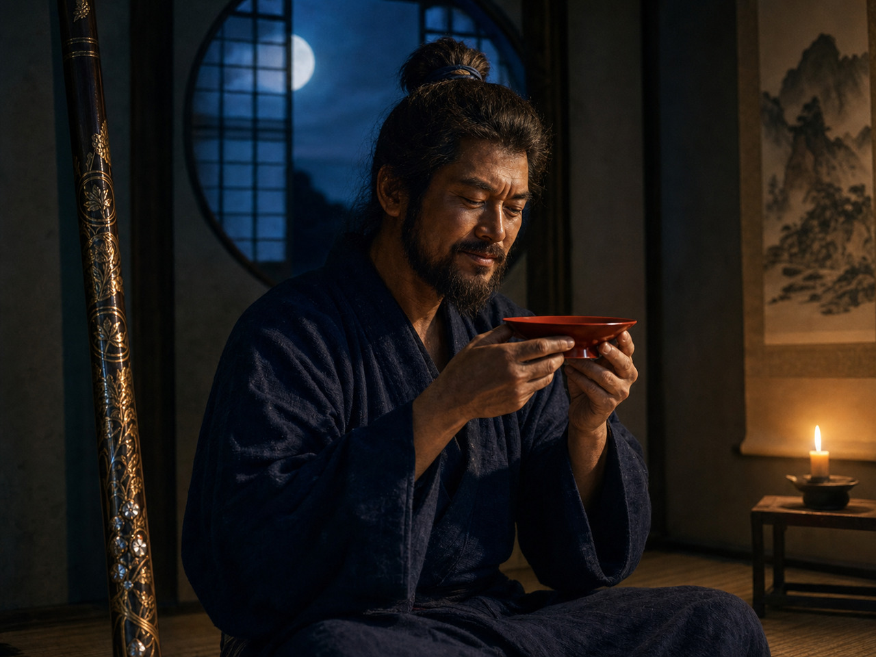 酒を飲み干す太兵衛(AI生成イメージ)