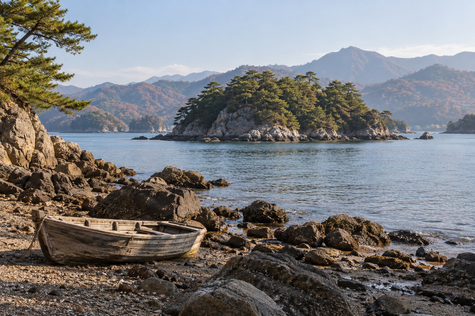 厳島をめぐる海域をイメージした情景（地形の復元ではない）（AI生成イメージ）