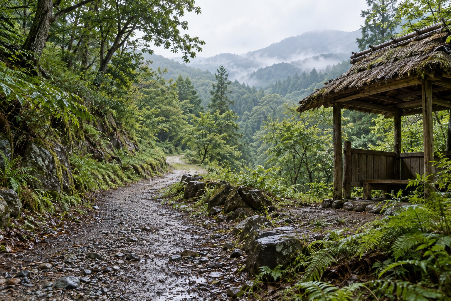 出雲への道中をイメージした無人の山道（AI生成イメージ）
