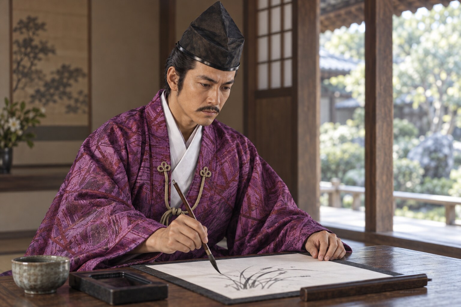 絵筆を持つ隆元のイメージ（所蔵作品の再現ではない）（AI生成イメージ）