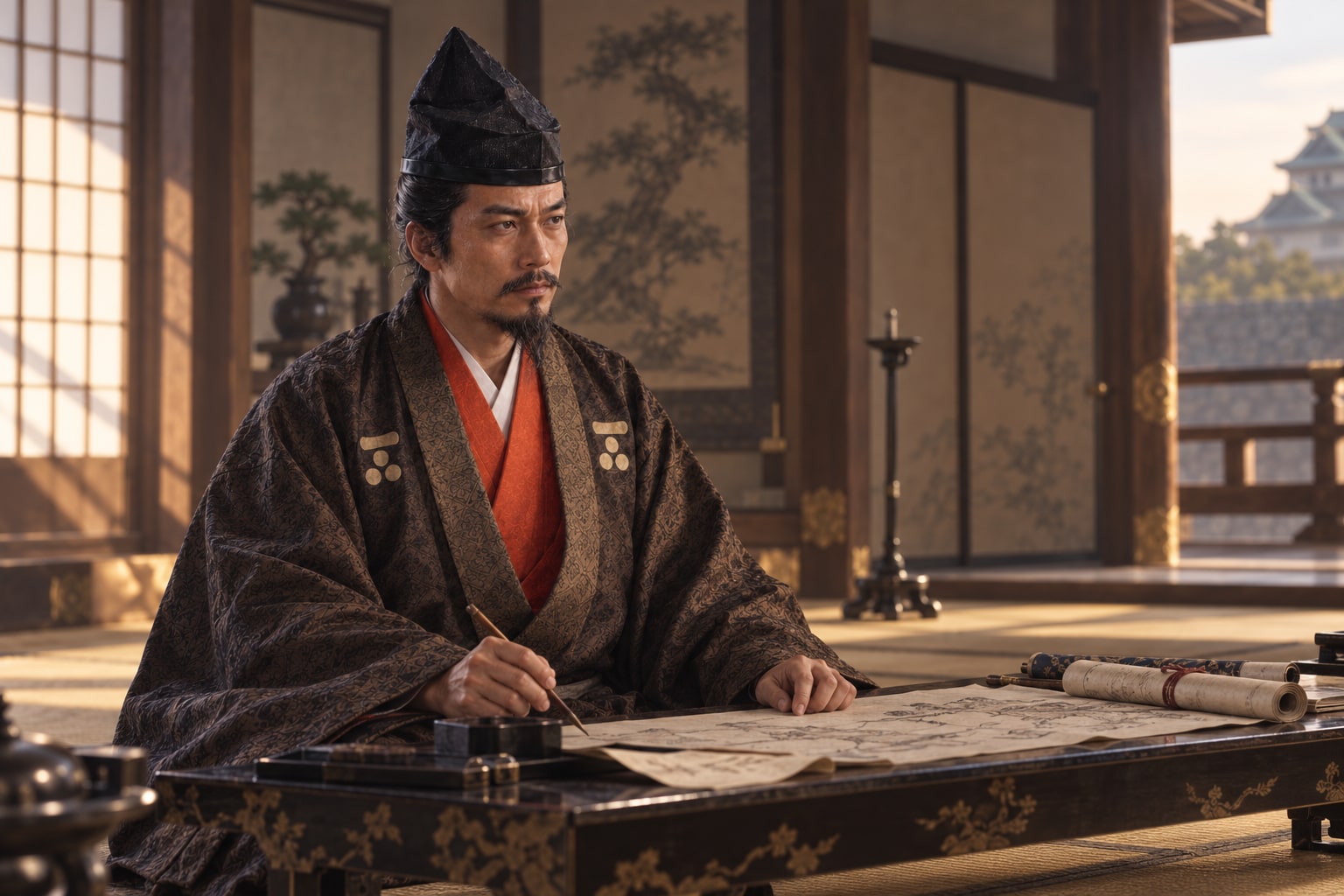関ヶ原の戦いの年、大坂で政務にあたる毛利輝元のイメージ(AI生成イメージ)