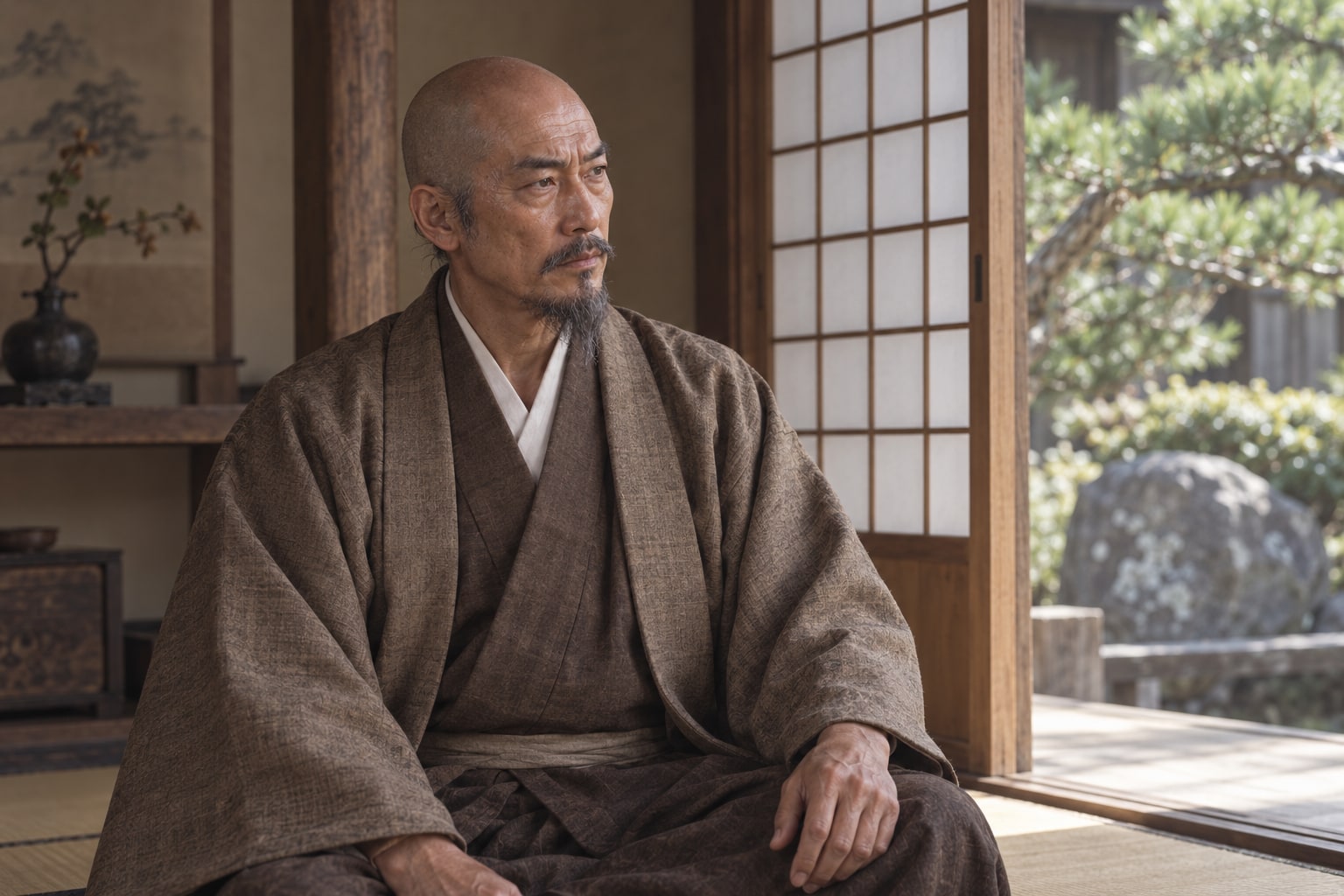 萩で隠居生活を送る老年の毛利輝元のイメージ(AI生成イメージ)