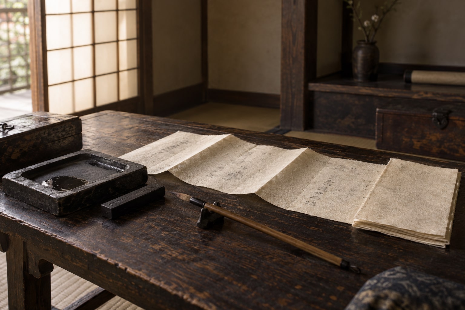 一族への書状を表したイメージ。三子教訓状の実物写真ではない(AI生成イメージ)