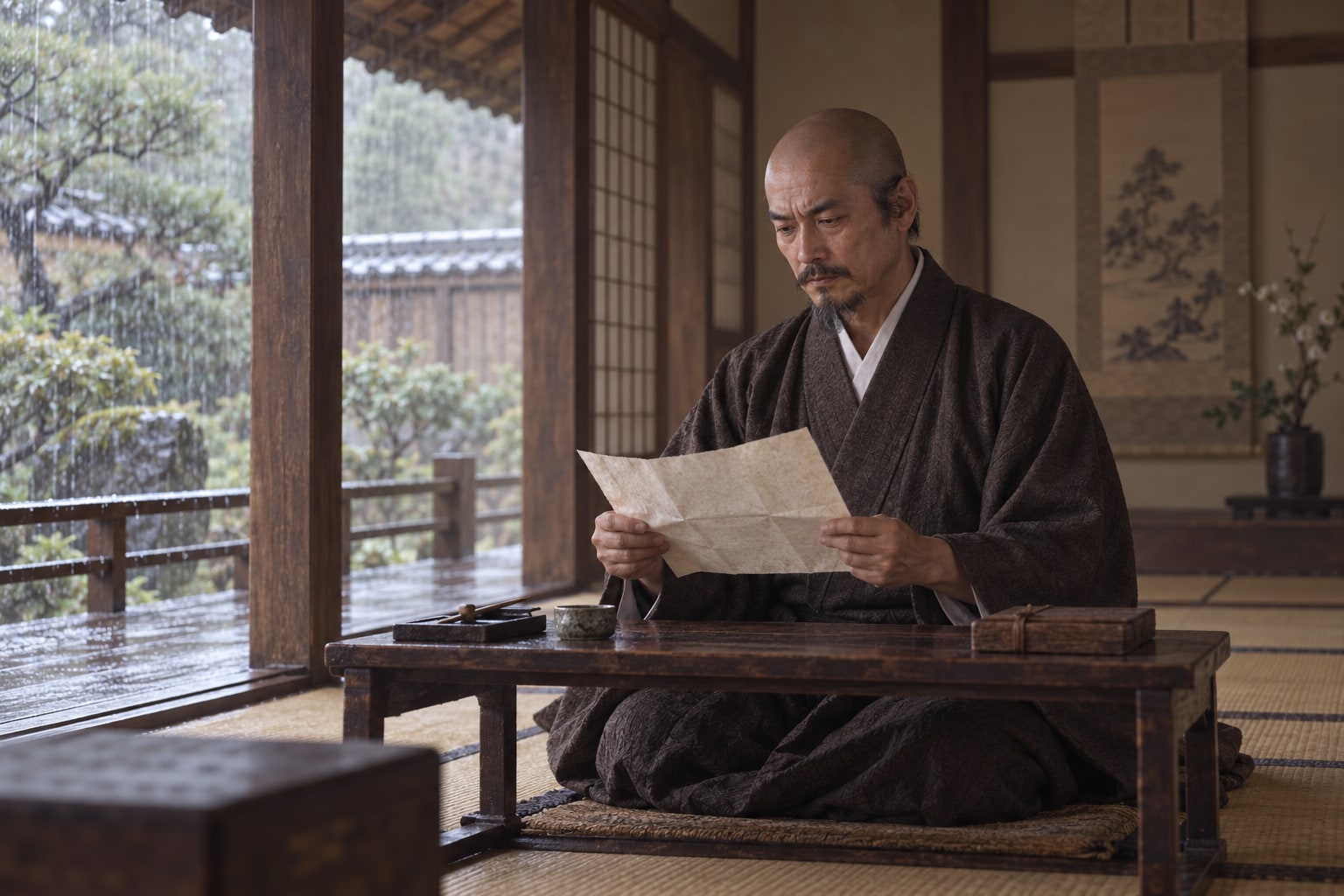 戦後、一門への書状を読む毛利輝元のイメージ(AI生成イメージ)