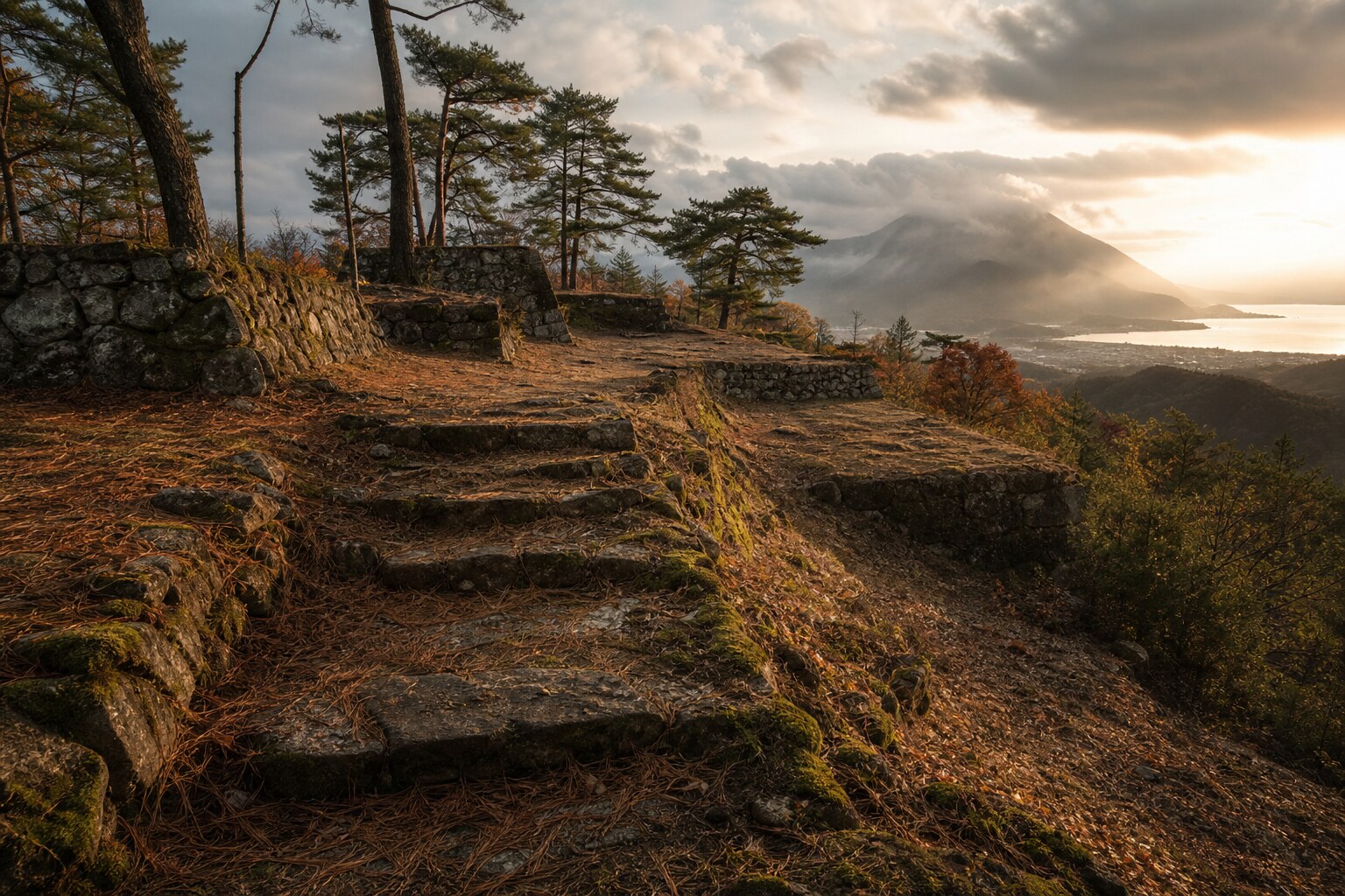 比叡山の麓に残る宇佐山城跡の遠景（AI生成イメージ）