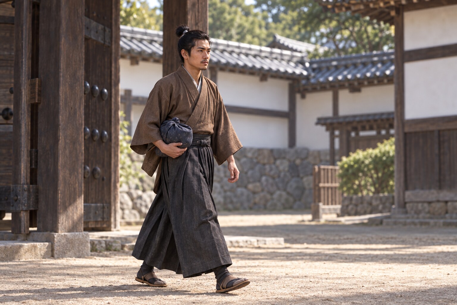 小倉の武家屋敷を歩く若い吉政の想像図。容貌・建物は復元ではない(AI生成イメージ)
