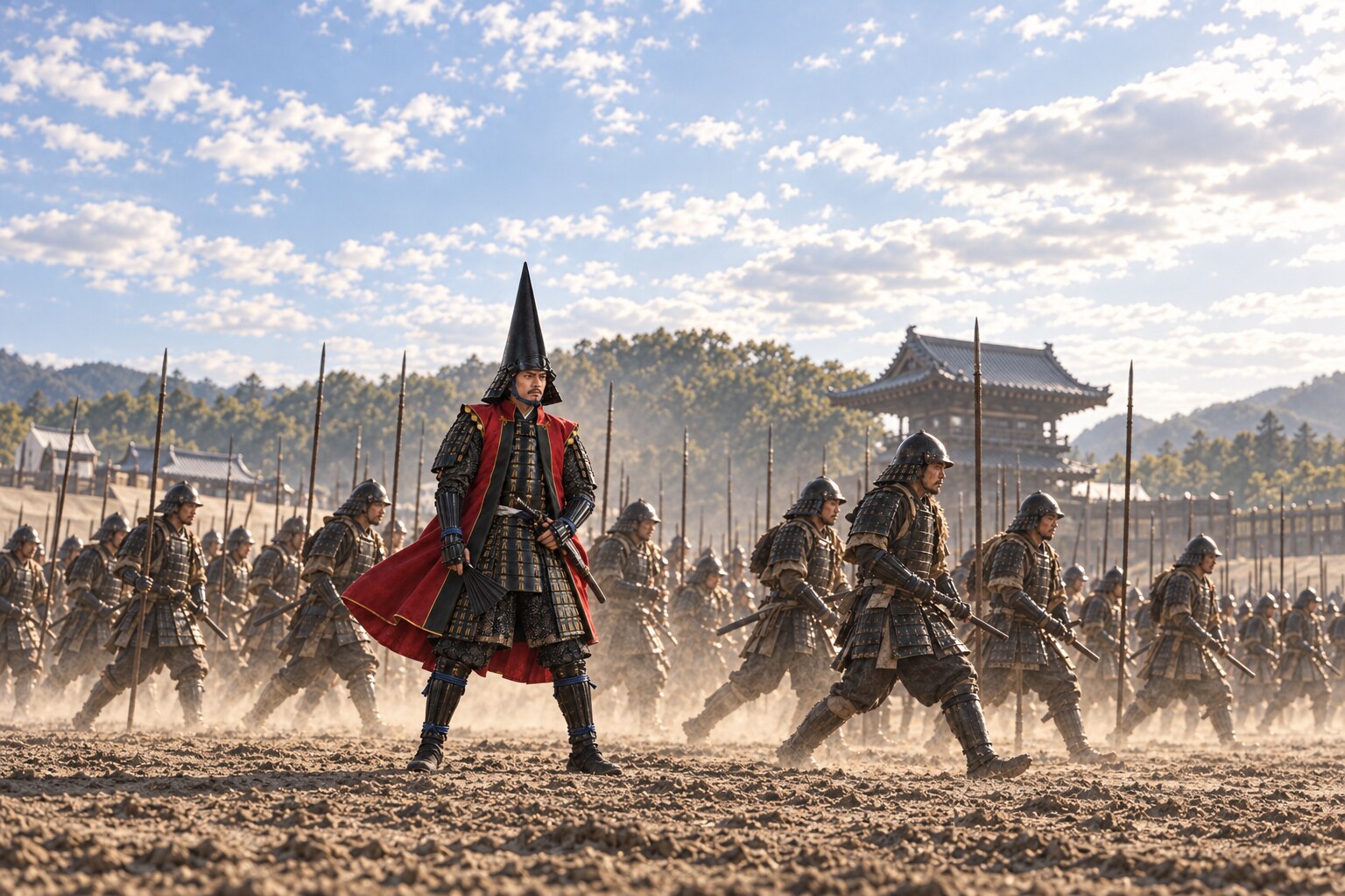 天王寺方面で兵を指揮する勝永の想像図。具体的な号令や隊形を伝えるものではない(AI生成イメージ)