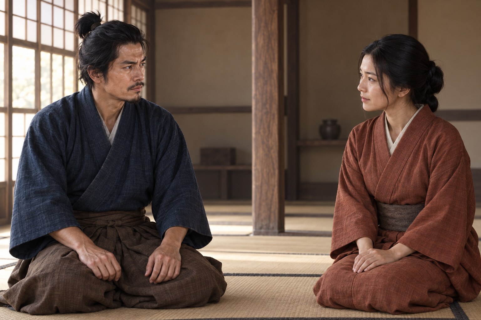 出立をめぐる夫婦の伝承に着想した想像図。妻の容貌・発言は伝わっていない(AI生成イメージ)