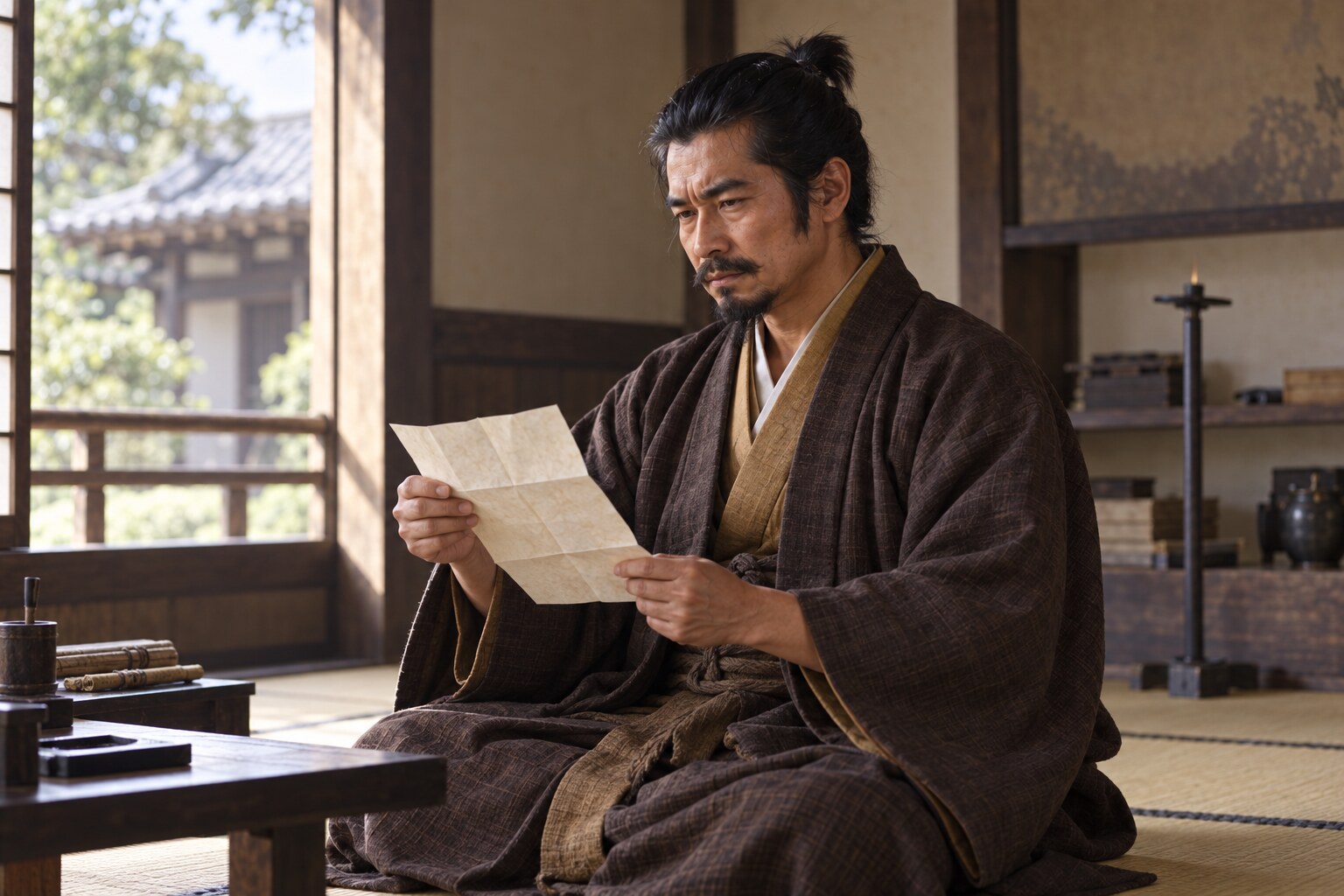 豊臣家に仕え、書状を扱う吉成の想像図（AI生成イメージ）