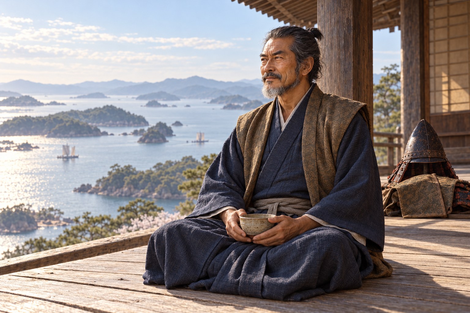 周防の海を望む晩年の武吉の想像図。臨終や実際の住居を描いたものではない(AI生成イメージ)