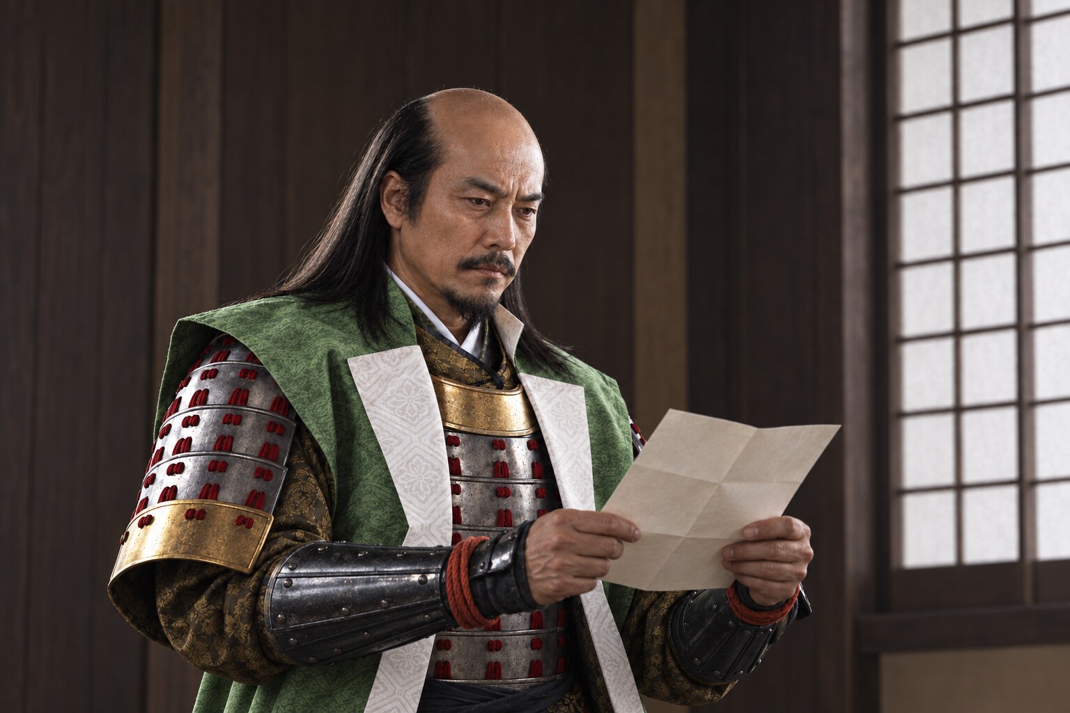 勝頼の代替わりに際して文書を読む昌豊の想像図。（AI生成イメージ）