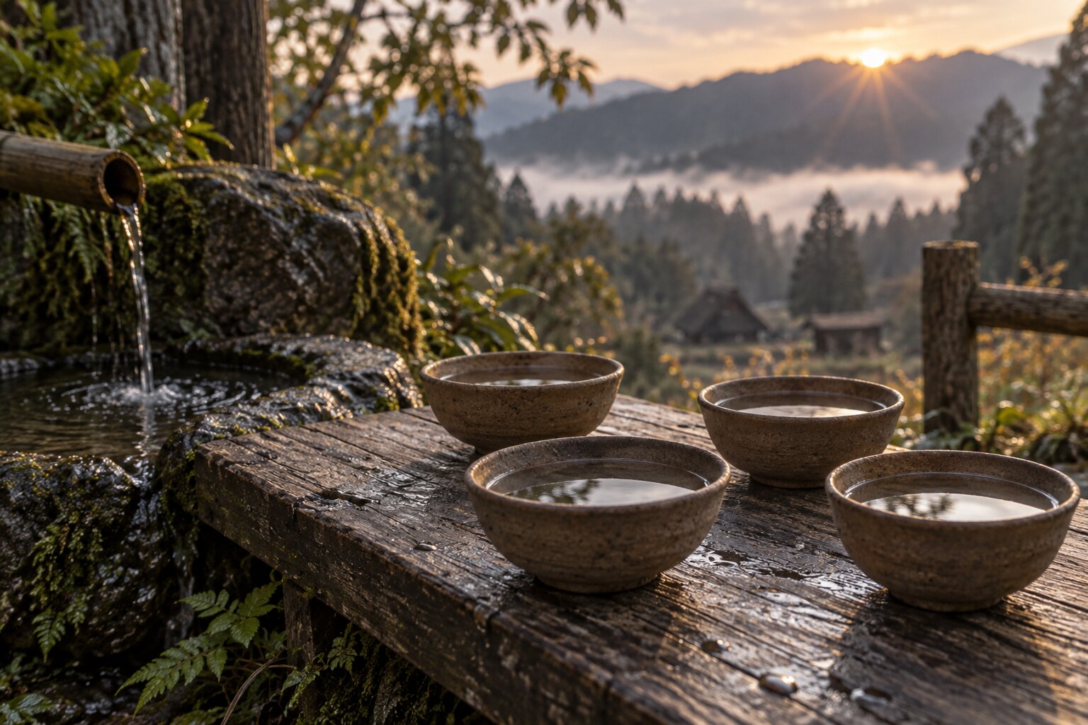水盃の伝承を表した静物の想像図。大通寺の現状や当時の器の復元ではない。（AI生成イメージ）