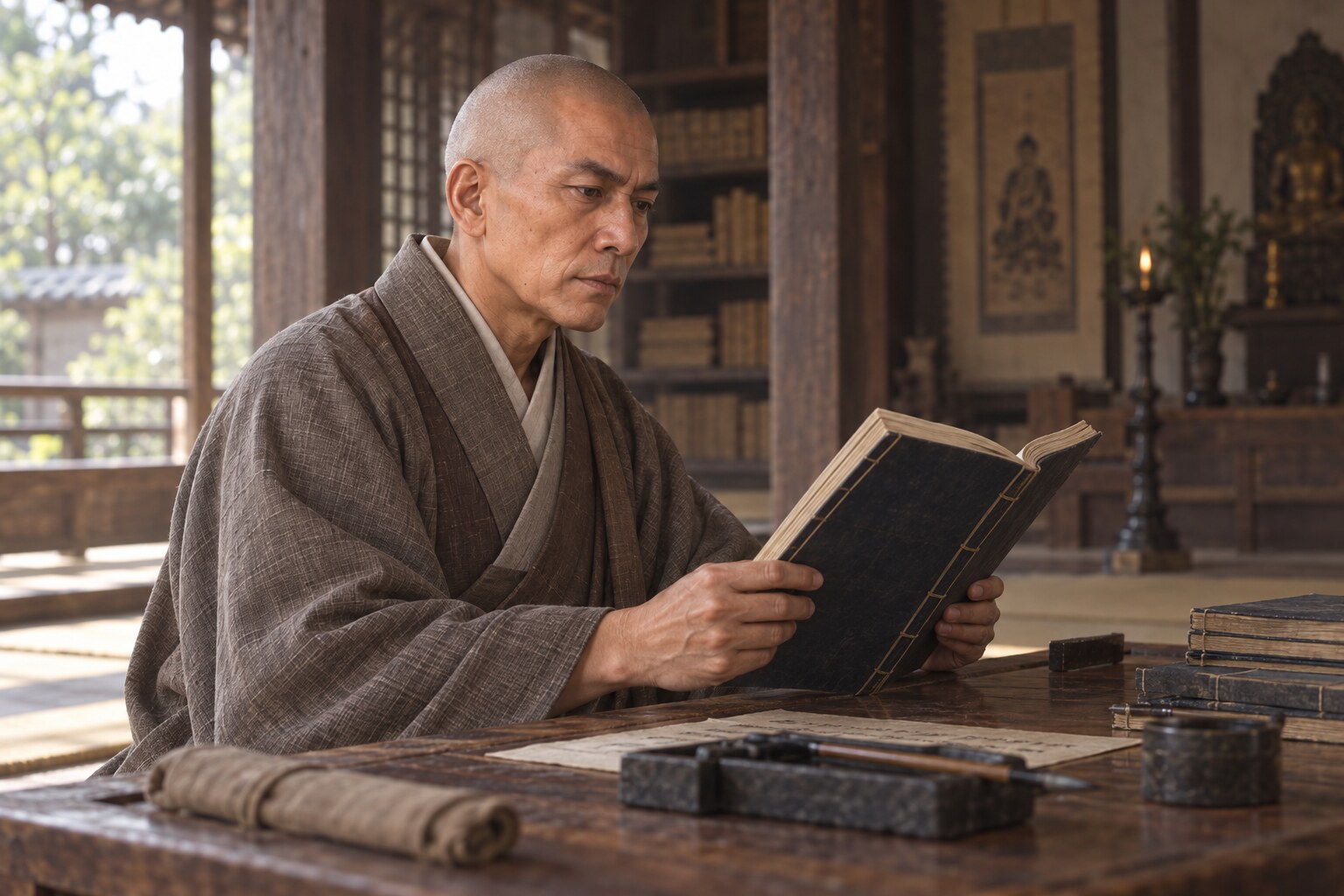 寺院で経典を学ぶ修行僧の想像場面（AI生成）（AI生成イメージ）