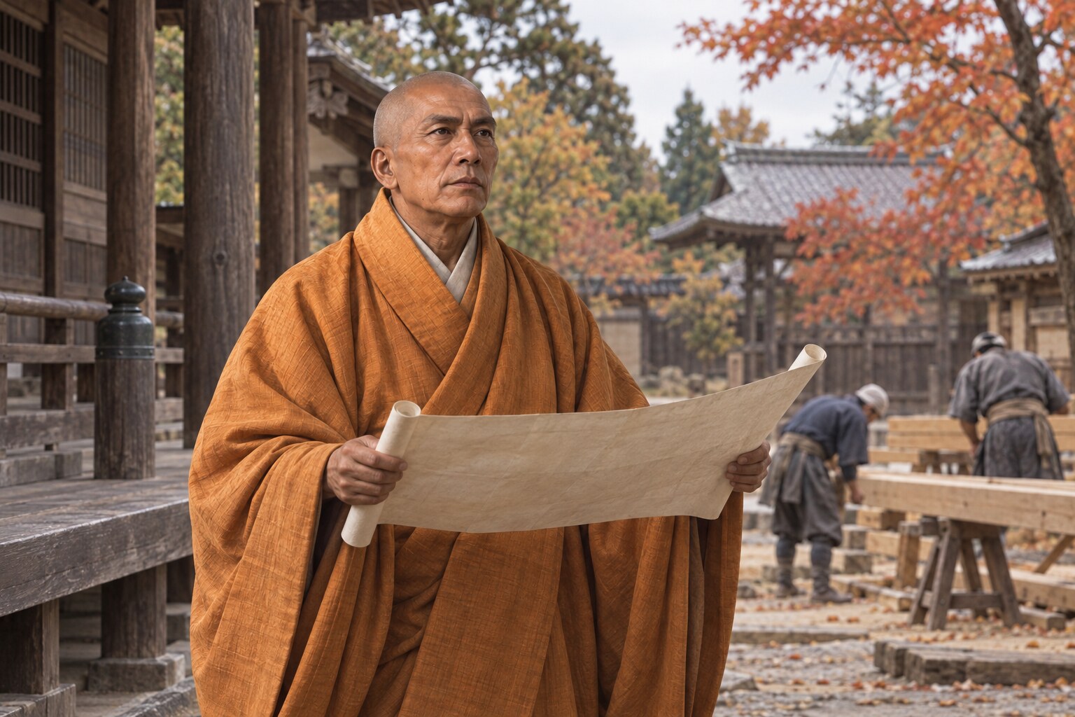 川越の寺院境内に立つ天海の想像図（AI生成）（AI生成イメージ）