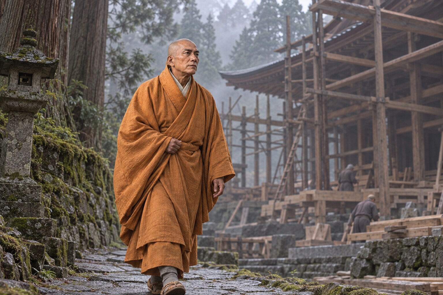 復興途上の山寺を訪れる天海の想像場面（AI生成）（AI生成イメージ）
