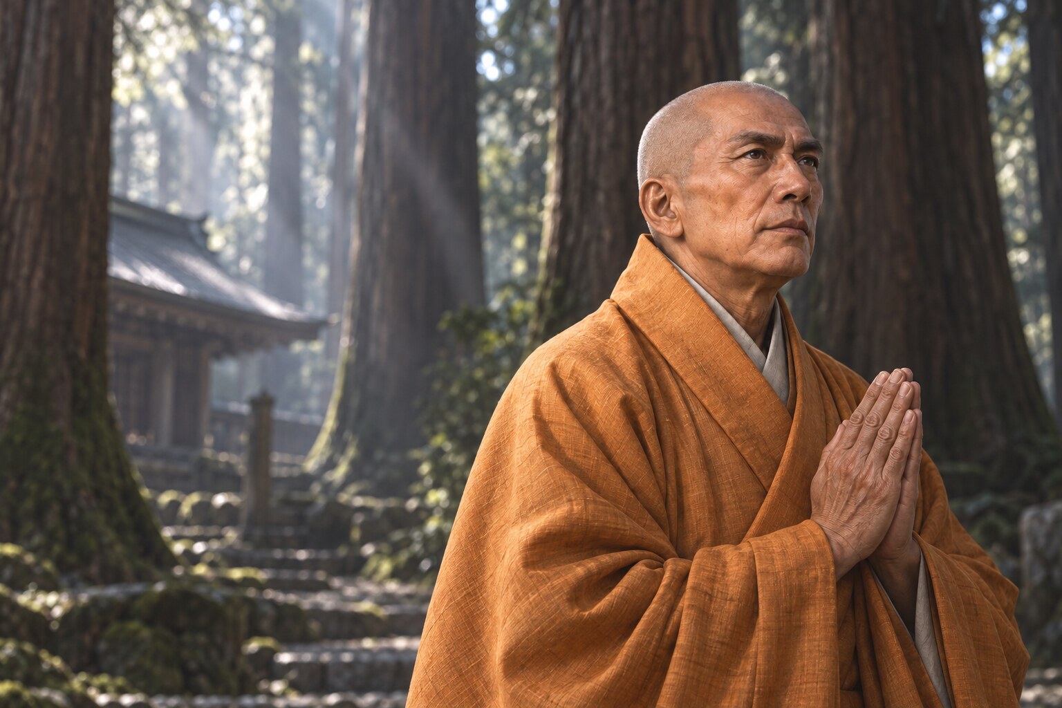 日光の杉林で祈る天海の想像図（AI生成）（AI生成イメージ）